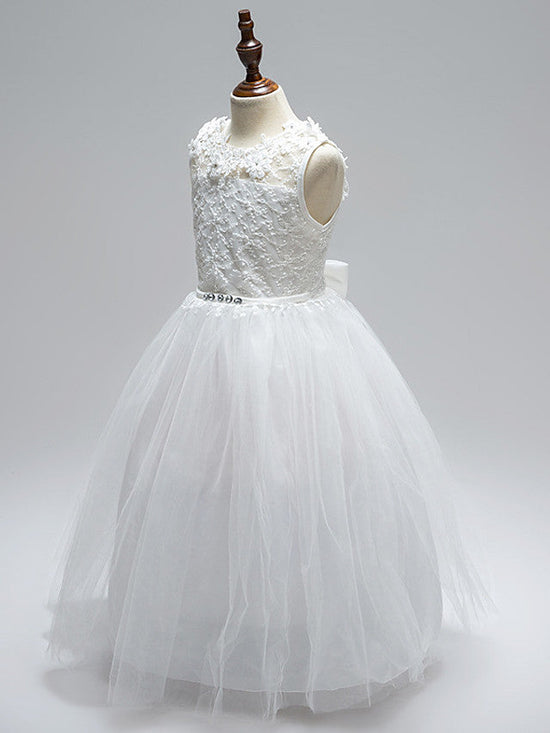 Ball Gown Lace Tulle Sleeveless Jewel Neck First Communion Long Flower Girl Dresses-BIZTUNNEL