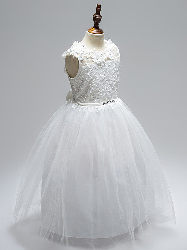 Ball Gown Lace Tulle Sleeveless Jewel Neck First Communion Long Flower Girl Dresses-BIZTUNNEL