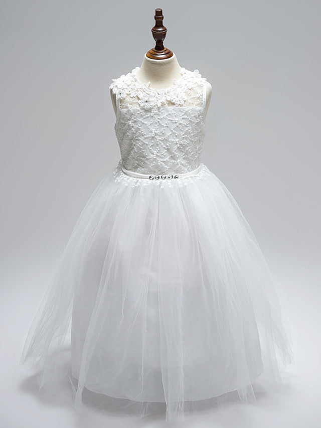 Ball Gown Lace Tulle Sleeveless Jewel Neck First Communion Long Flower Girl Dresses-BIZTUNNEL