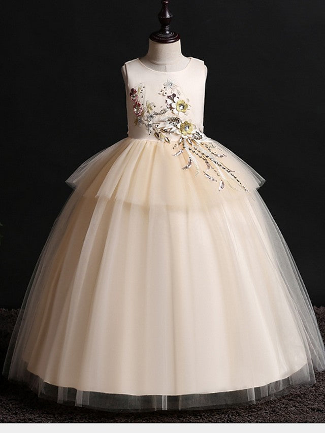 Ball Gown Satin Tulle Sleeveless Jewel Neck Wedding Party Flower Girl Dresses-BIZTUNNEL