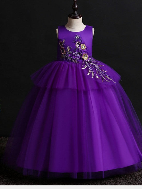 Ball Gown Satin Tulle Sleeveless Jewel Neck Wedding Party Flower Girl Dresses-BIZTUNNEL