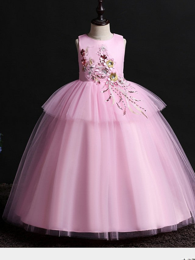 Ball Gown Satin Tulle Sleeveless Jewel Neck Wedding Party Flower Girl Dresses-BIZTUNNEL