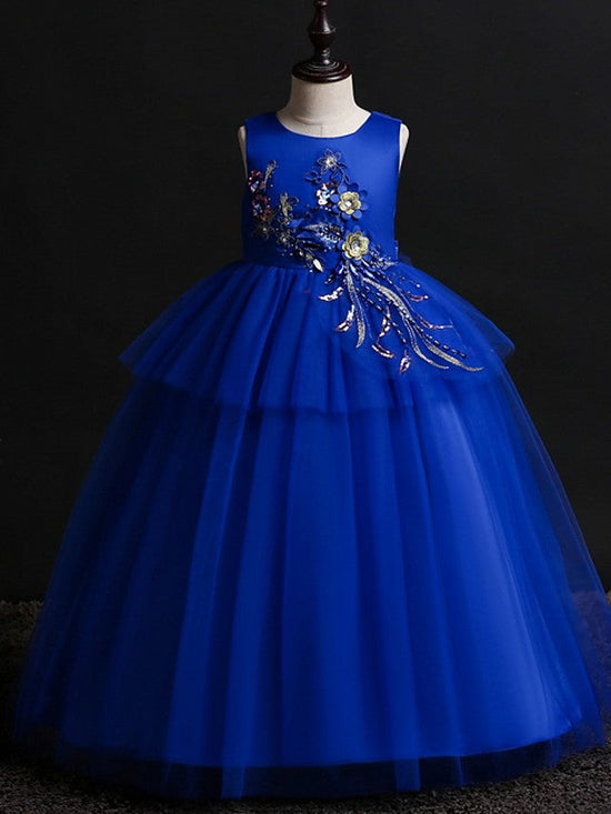 Ball Gown Satin Tulle Sleeveless Jewel Neck Wedding Party Flower Girl Dresses-BIZTUNNEL