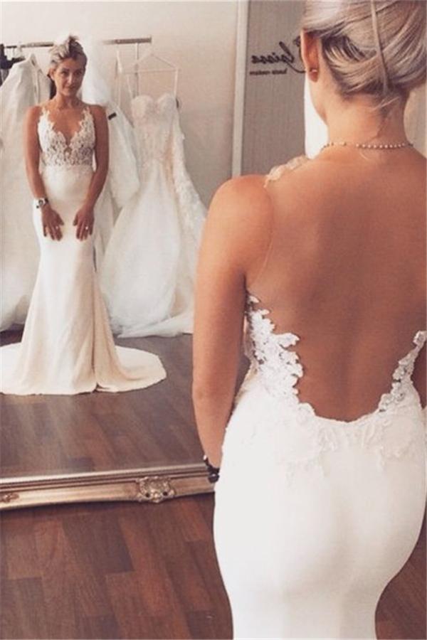 Beach Long Mermaid V-neck Lace Open Back Wedding Dresses-BIZTUNNEL