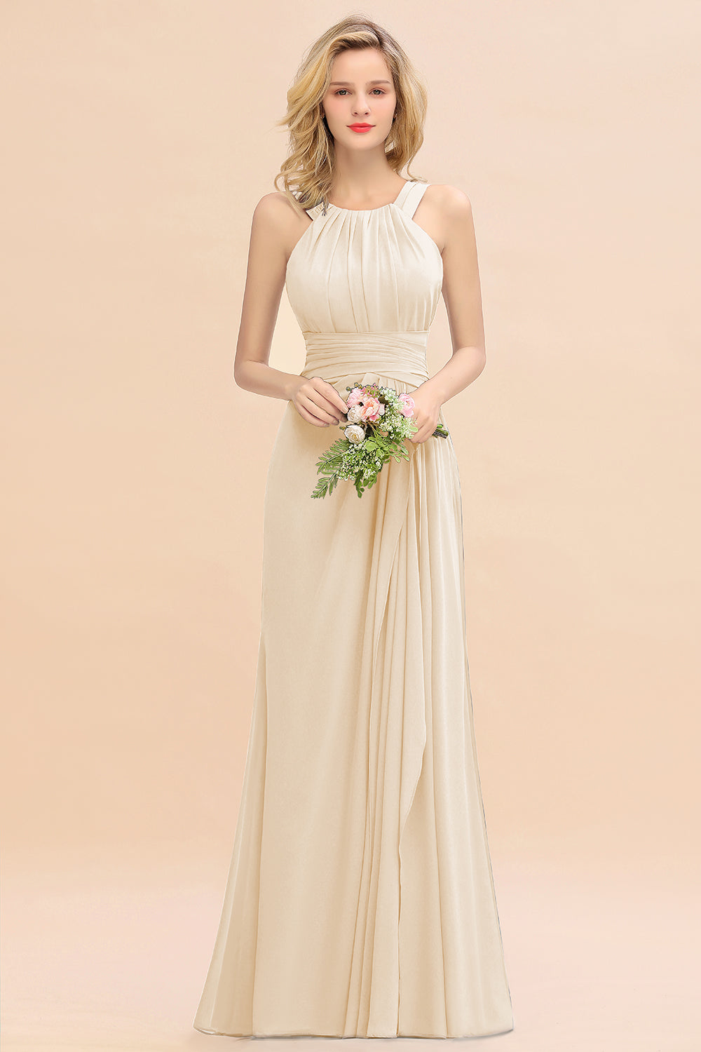 Beautiful Long A-line Halter Chiffon Backless Bridesmaid Dresses-BIZTUNNEL