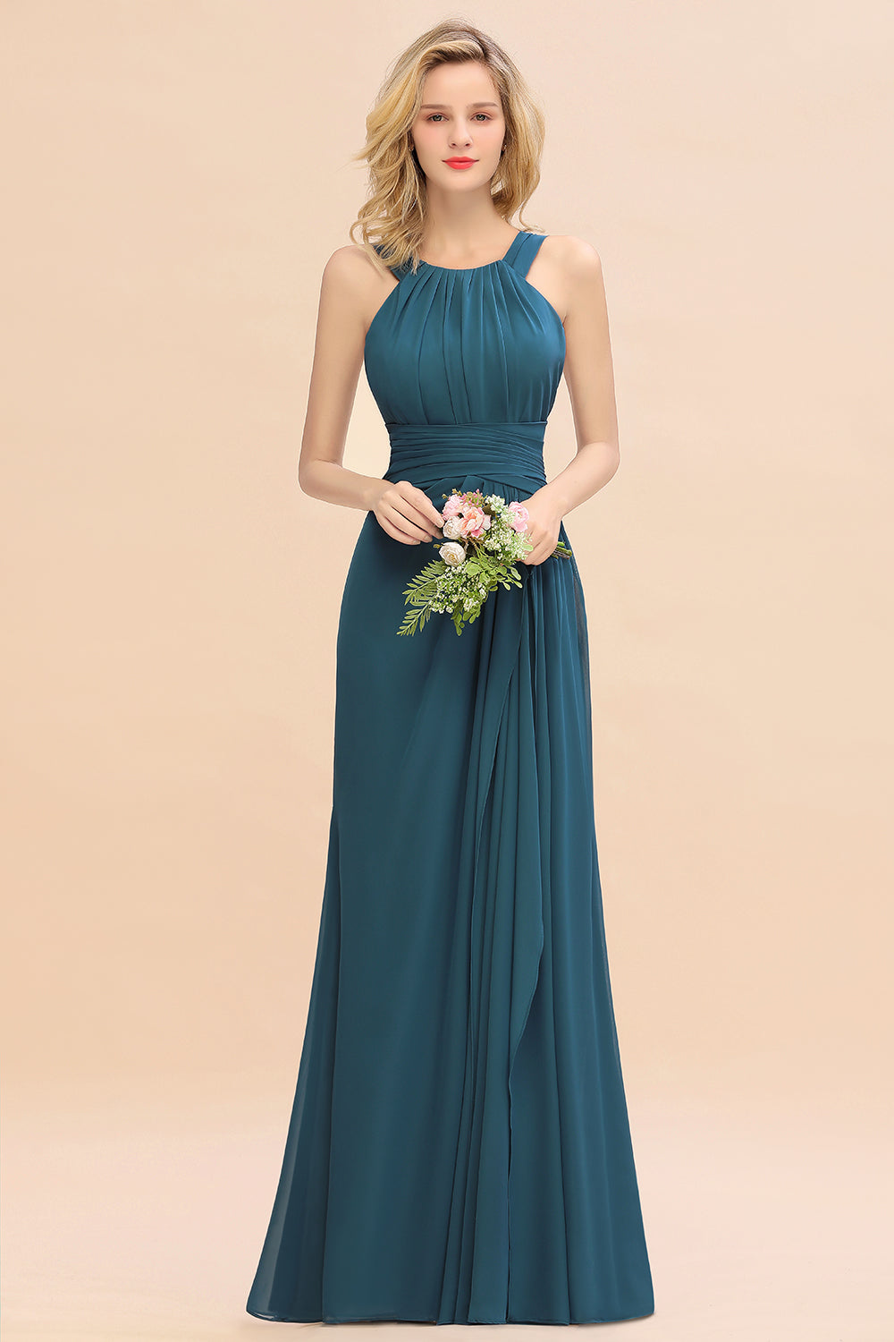 Beautiful Long A-line Halter Chiffon Backless Bridesmaid Dresses-BIZTUNNEL