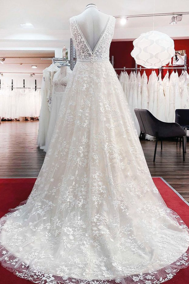 Beautiful Long A-Line Lace Appliques Tulle Open Back Wedding Dresses-BIZTUNNEL