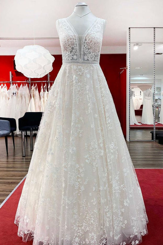 Beautiful Long A-Line Lace Appliques Tulle Open Back Wedding Dresses-BIZTUNNEL