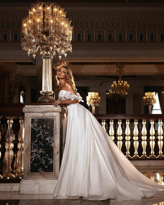 Beautiful Long A-line Off-the-shoulder Sweetheart Appliques Lace Satin Wedding Dress-BIZTUNNEL