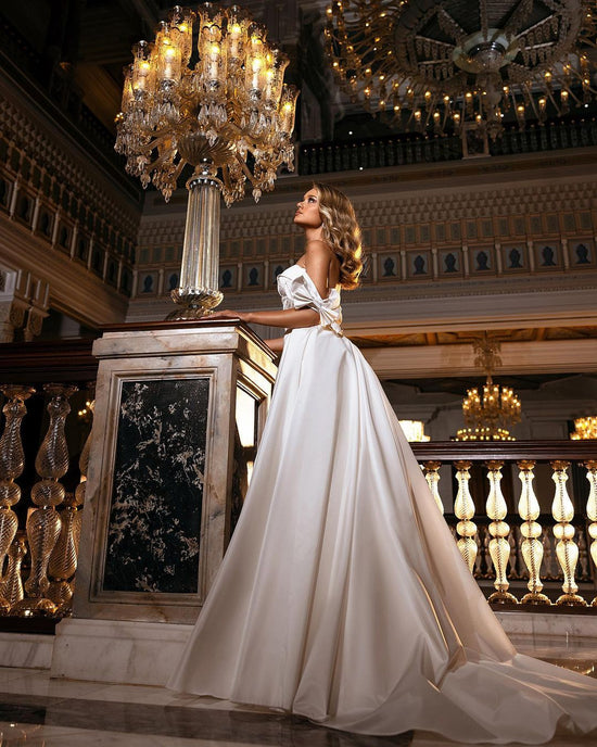 Beautiful Long A-line Off-the-shoulder Sweetheart Appliques Lace Satin Wedding Dress-BIZTUNNEL