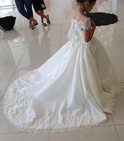 Beautiful Long A-line Satin Lace Flower Girl Dress with Beads-BIZTUNNEL