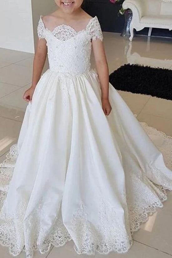 Beautiful Long A-line Satin Lace Flower Girl Dress with Beads-BIZTUNNEL