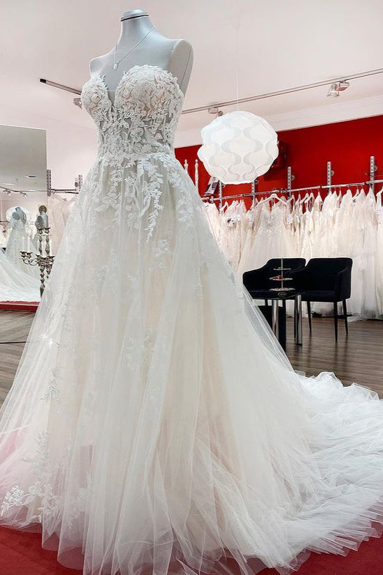 Beautiful Long A-line Strapless Tulle Ivory Wedding Dress with Appliques Lace-BIZTUNNEL