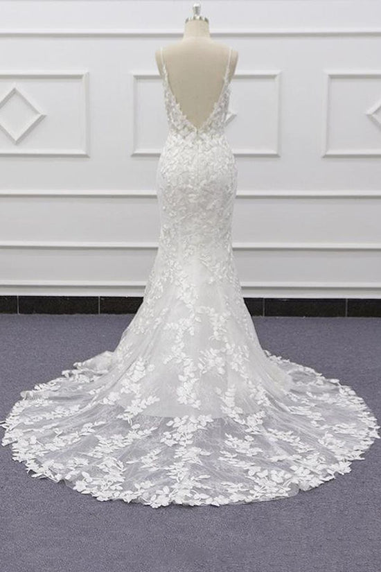 Best Long Mermaid Spaghetti Strap Appliques Lace Wedding Dress-BIZTUNNEL