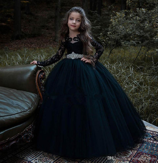 Black Long Sleeve Appliques Lace Pearl Bateau Tulle Princess Flower Girl Dress-BIZTUNNEL