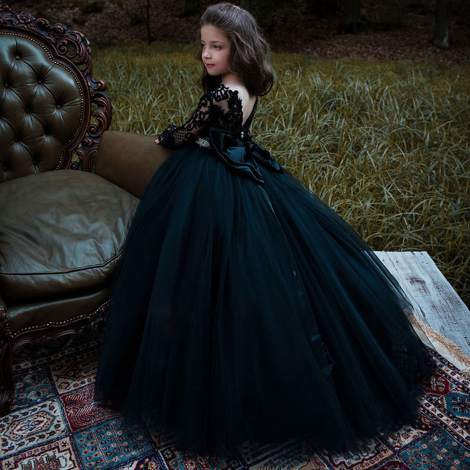 Black Long Sleeve Appliques Lace Pearl Bateau Tulle Princess Flower Girl Dress-BIZTUNNEL