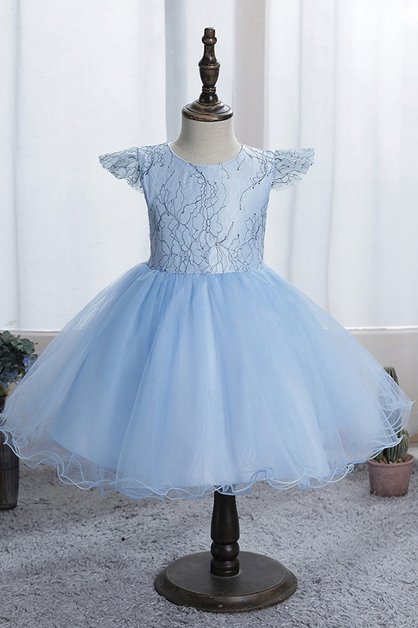 Blue Short Ball Gown Scoop Tulle Lace Flower Girl Dresses with Cap Sleeve-BIZTUNNEL