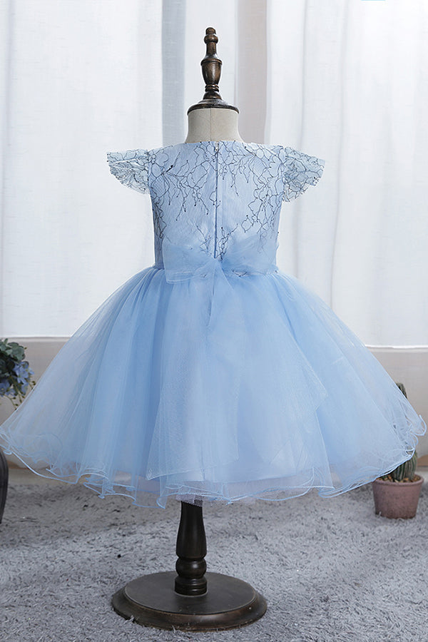 Blue Short Ball Gown Scoop Tulle Lace Flower Girl Dresses with Cap Sleeve-BIZTUNNEL