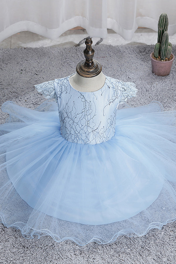 Blue Short Ball Gown Scoop Tulle Lace Flower Girl Dresses with Cap Sleeve-BIZTUNNEL