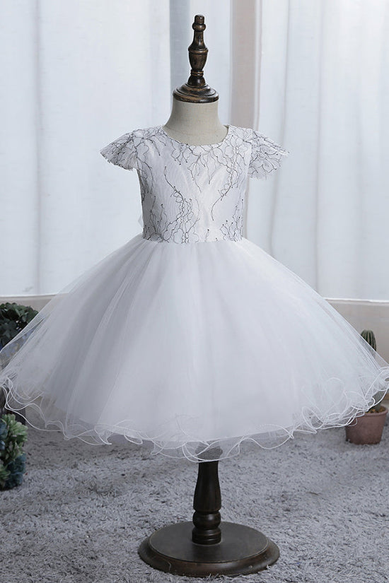 Blue Short Ball Gown Scoop Tulle Lace Flower Girl Dresses with Cap Sleeve-BIZTUNNEL