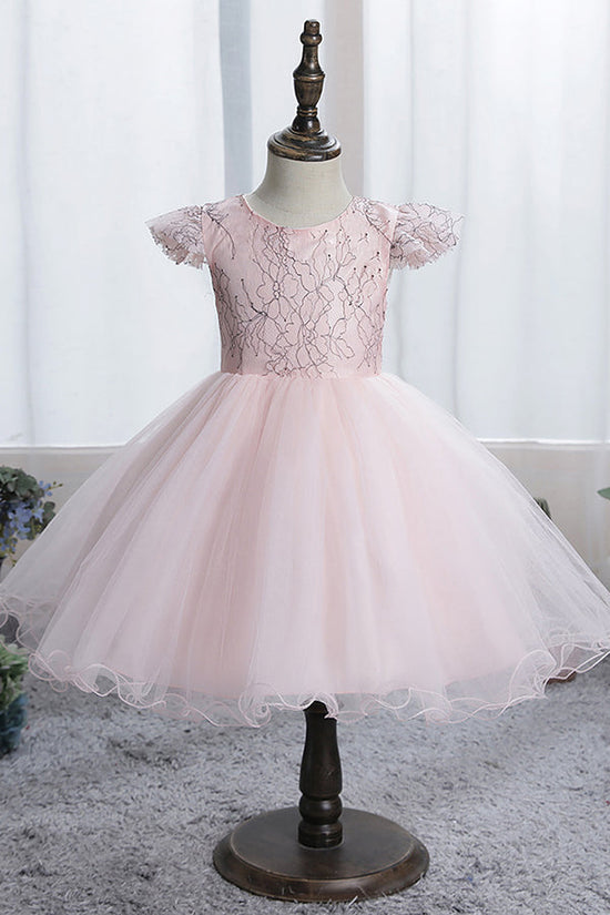 Blue Short Ball Gown Scoop Tulle Lace Flower Girl Dresses with Cap Sleeve-BIZTUNNEL