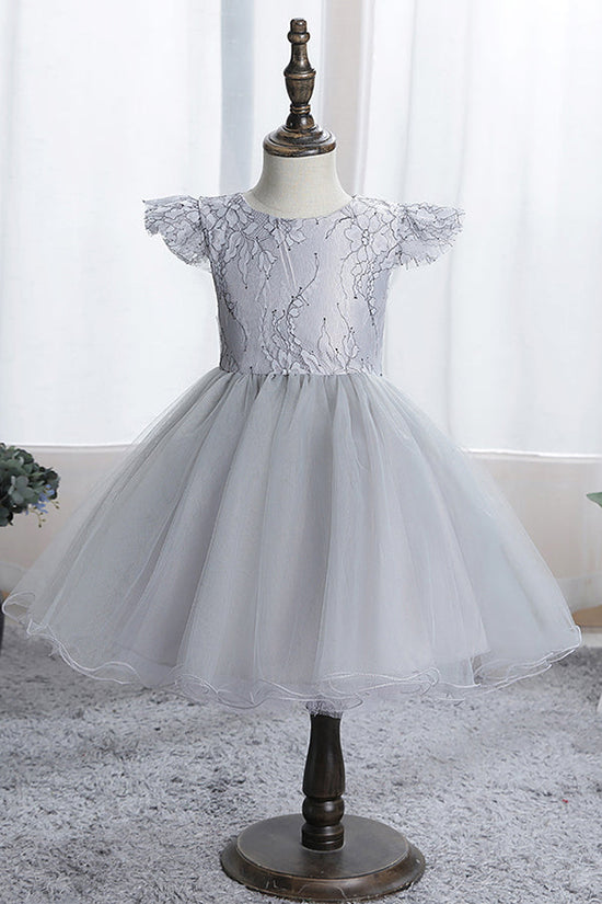 Blue Short Ball Gown Scoop Tulle Lace Flower Girl Dresses with Cap Sleeve-BIZTUNNEL