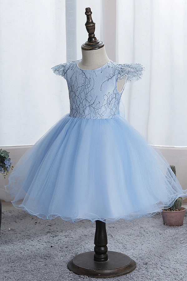 Blue Short Ball Gown Scoop Tulle Lace Flower Girl Dresses with Cap Sleeve-BIZTUNNEL