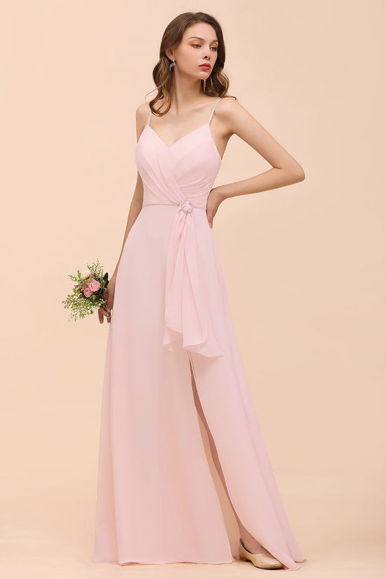 Blushing Pink Long A-line V-neck Spaghetti Straps Chiffon Bridesmaid Dress-BIZTUNNEL