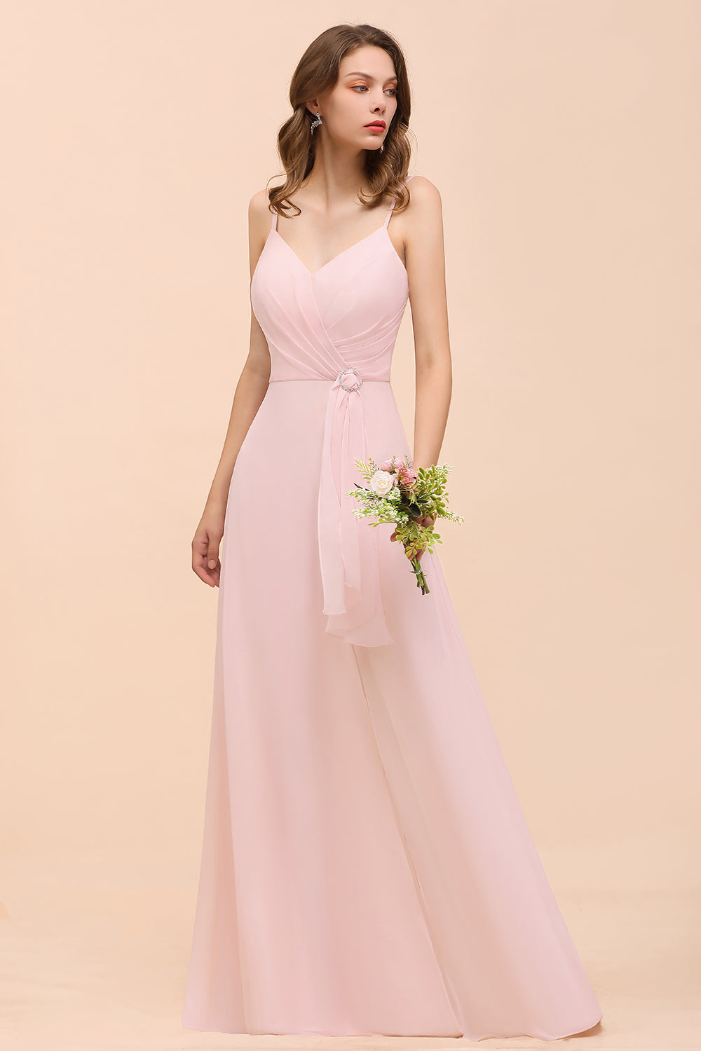 Blushing Pink Long A-line V-neck Spaghetti Straps Chiffon Bridesmaid Dress-BIZTUNNEL