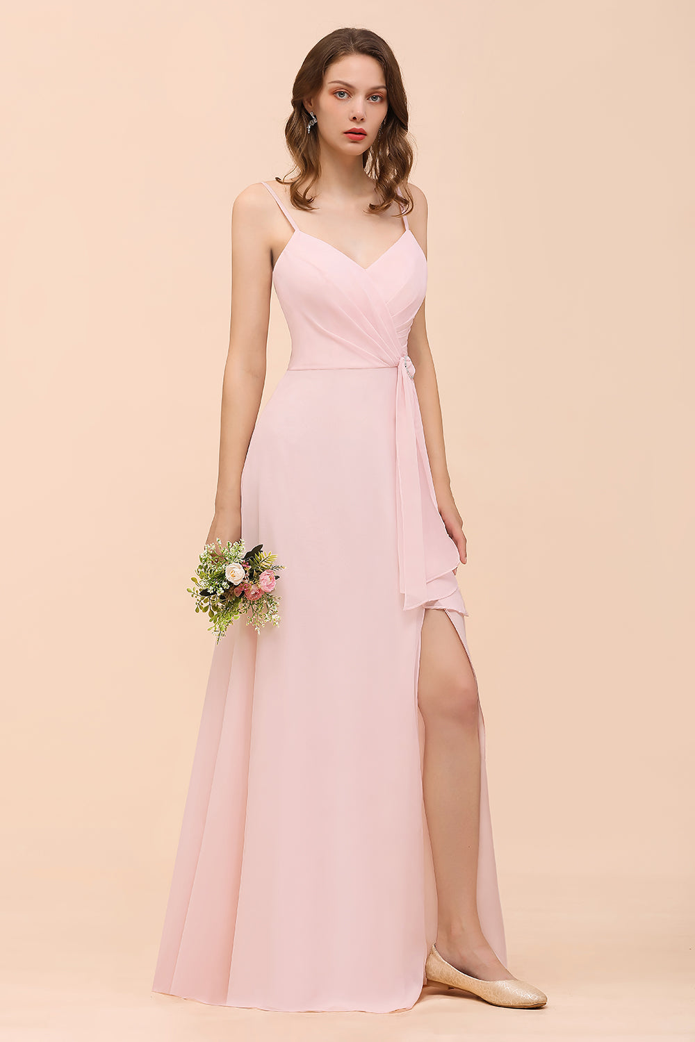 Blushing Pink Long A-line V-neck Spaghetti Straps Chiffon Bridesmaid Dress-BIZTUNNEL