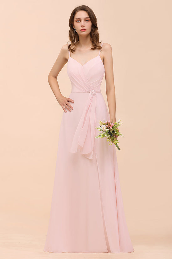 Blushing Pink Long A-line V-neck Spaghetti Straps Chiffon Bridesmaid Dress-BIZTUNNEL