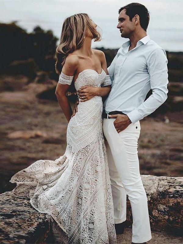 Boho Long Mermaid Sweetheart Lace Ivory Wedding Dresses-BIZTUNNEL