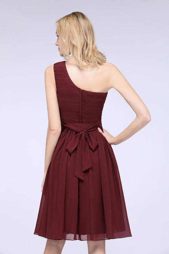 Burgundy A-Line Chiffon One Shoulder Short Bridesmaid Dress with Ruffles-BIZTUNNEL