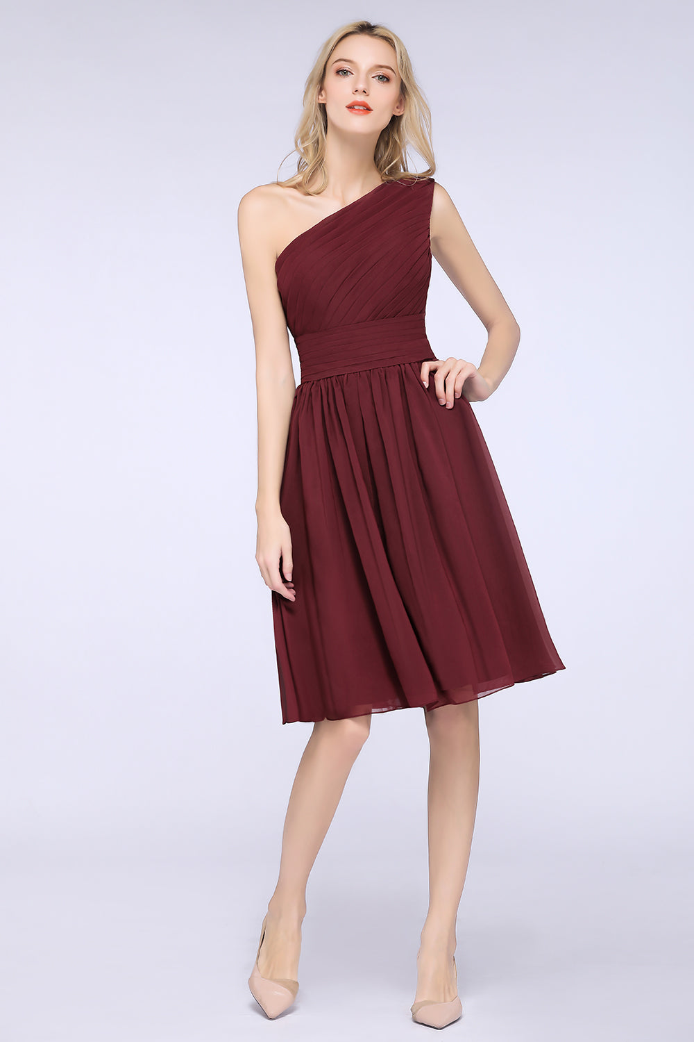 Burgundy A-Line Chiffon One Shoulder Short Bridesmaid Dress with Ruffles-BIZTUNNEL