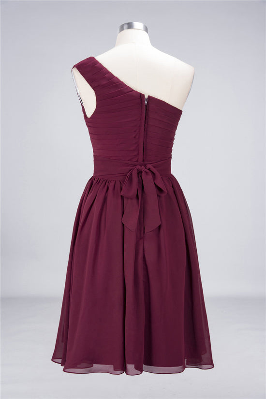 Burgundy A-Line Chiffon One Shoulder Short Bridesmaid Dress with Ruffles-BIZTUNNEL