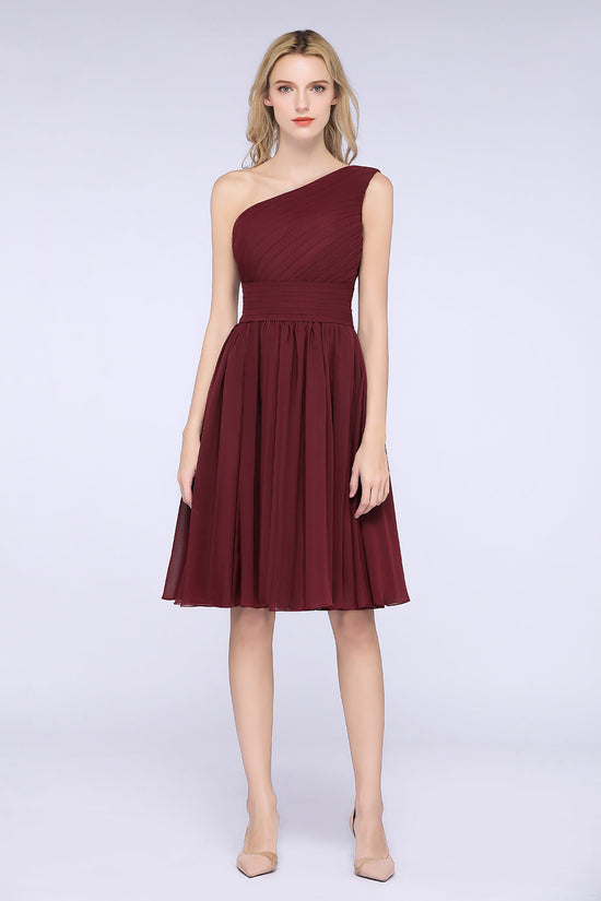 Burgundy A-Line Chiffon One Shoulder Short Bridesmaid Dress with Ruffles-BIZTUNNEL