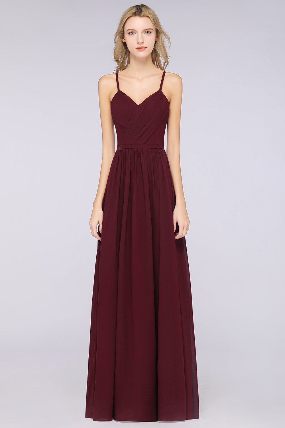 Burgundy A-Line Chiffon Spaghetti-Straps V-Neck Long Bridesmaid Dress-BIZTUNNEL