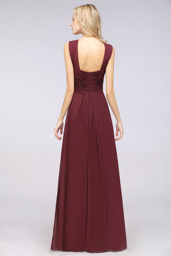 Burgundy A-Line Chiffon V-Neck Straps Long Bridesmaid Dress with Ruffles-BIZTUNNEL