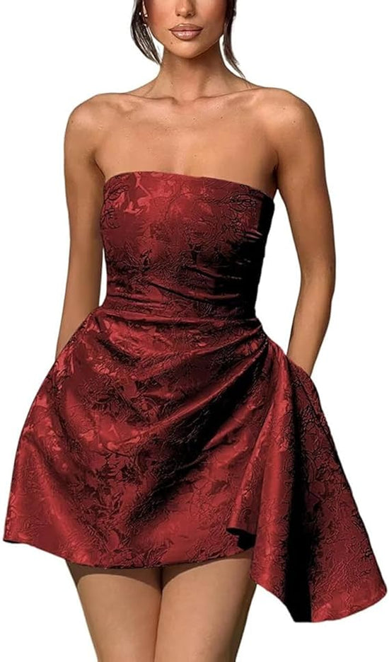 A-line Strapless Sleeveless Short Homecoming Dress Jacquard Satin Asymmetrical Lace up Party Dresses