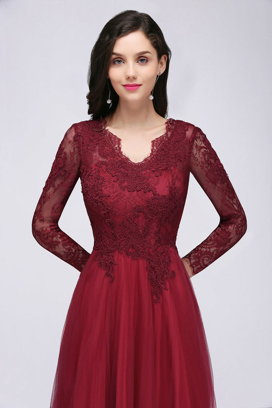 Burgundy Long A-line V-Neck Lace Tulle Bridesmaid Dresses with Sleeves-BIZTUNNEL