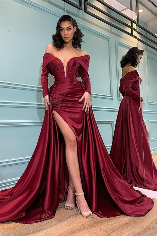 Long sleeve sale burgundy prom dresses