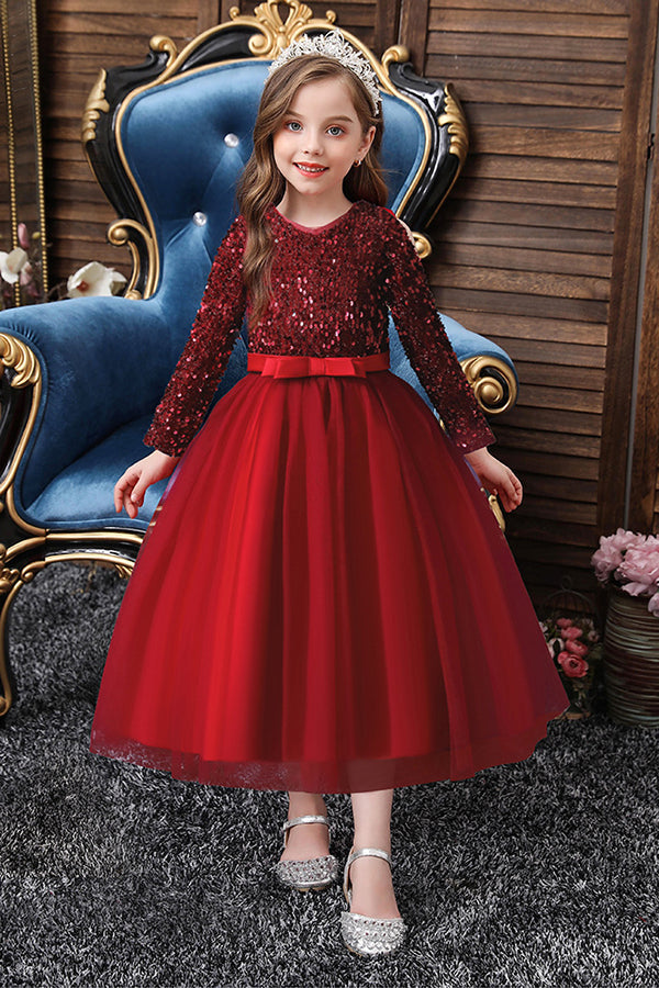 Burgundy Long Sleeve Sequins Tulle Flower Girl Dresses-BIZTUNNEL