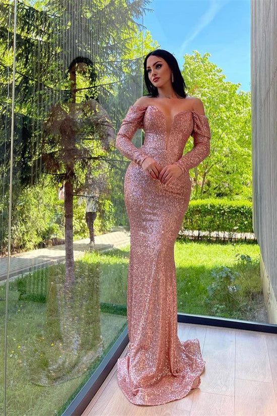 V-Neck Split Long Sleeves Mermaid Prom Dress with Sequins