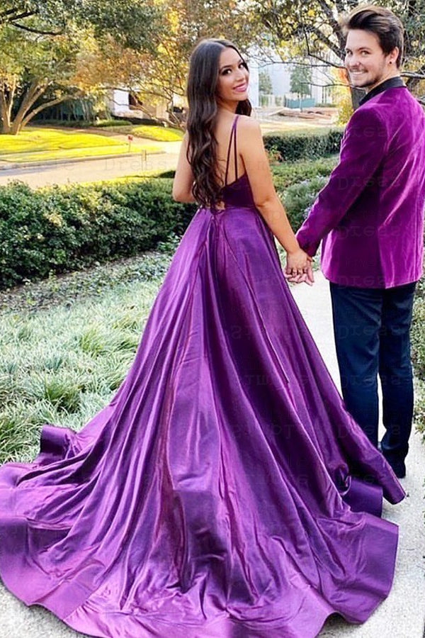 Royal Purple V-Neck Prom Gown with Delicate Spaghetti Straps