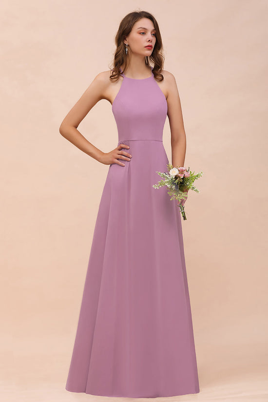 Chic A-Line Halter Chiffon Open Back Long Bridesmaid Dresses-BIZTUNNEL