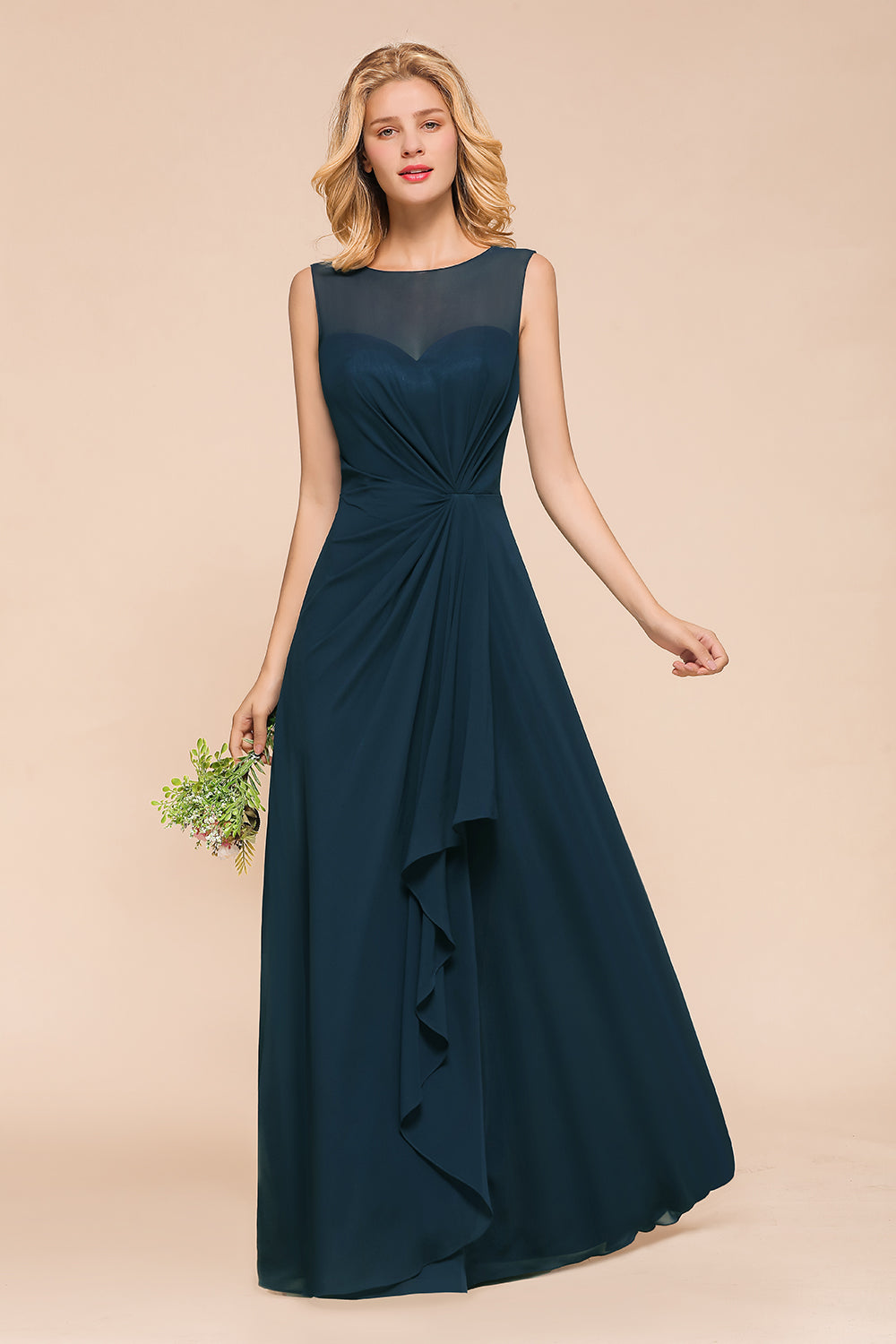 Chic Long A-line Bateau Chiffon Bridesmaid Dresses With Ruched-BIZTUNNEL