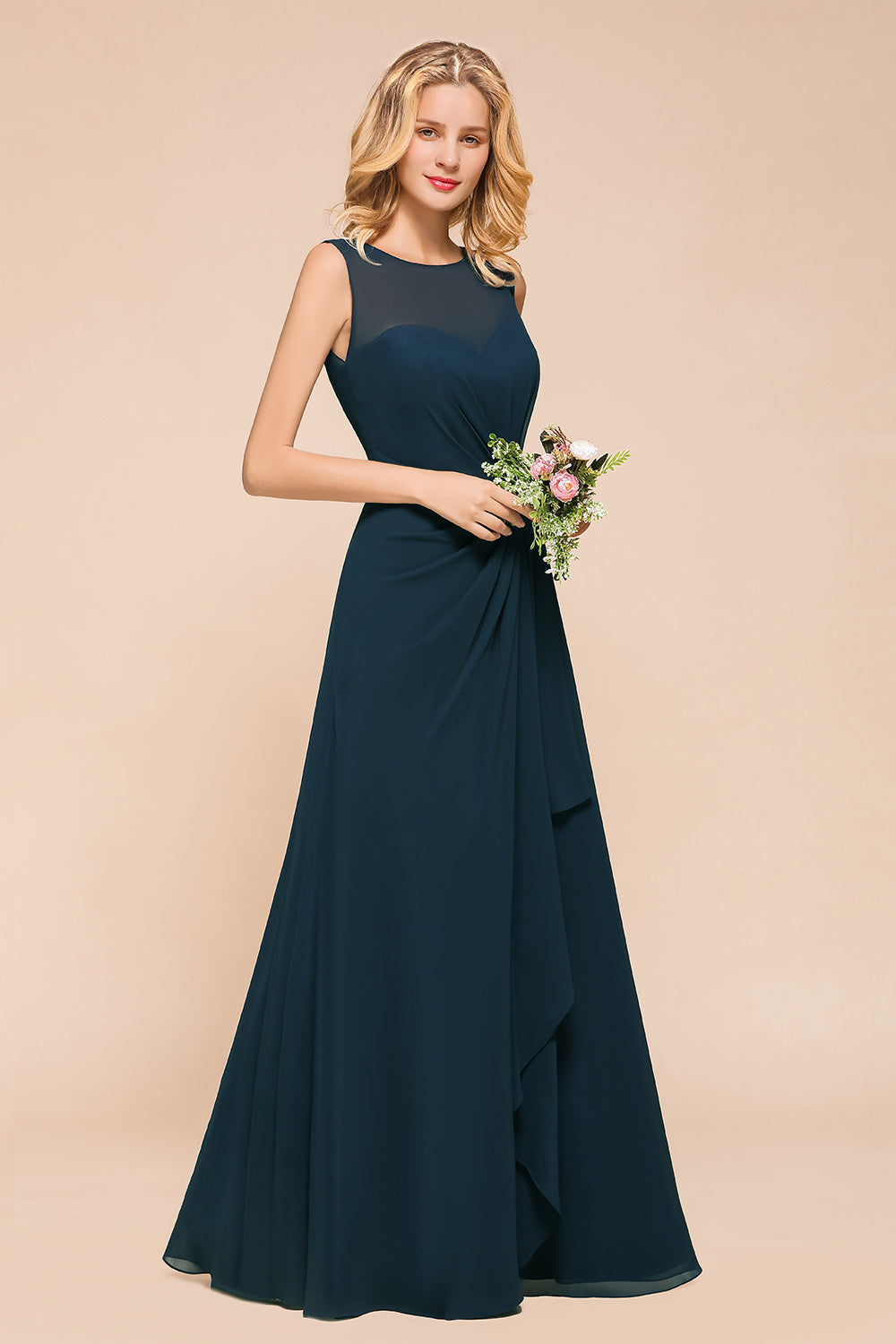 Chic Long A-line Bateau Chiffon Bridesmaid Dresses With Ruched-BIZTUNNEL