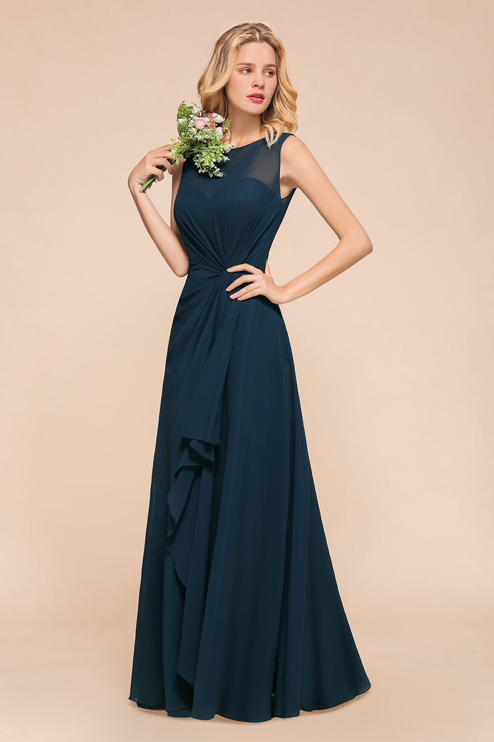 Chic Long A-line Bateau Chiffon Bridesmaid Dresses With Ruched-BIZTUNNEL