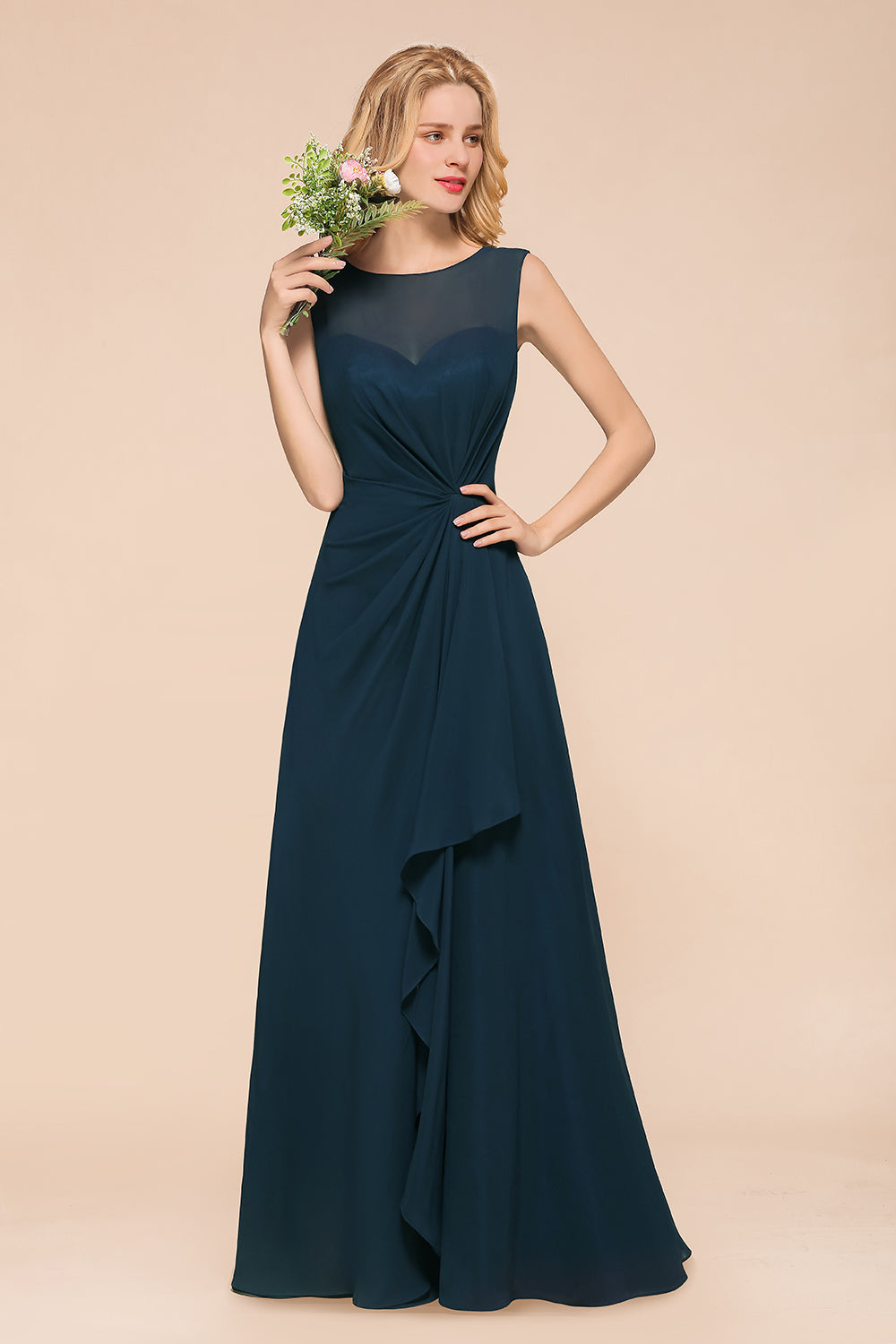 Chic Long A-line Bateau Chiffon Bridesmaid Dresses With Ruched-BIZTUNNEL