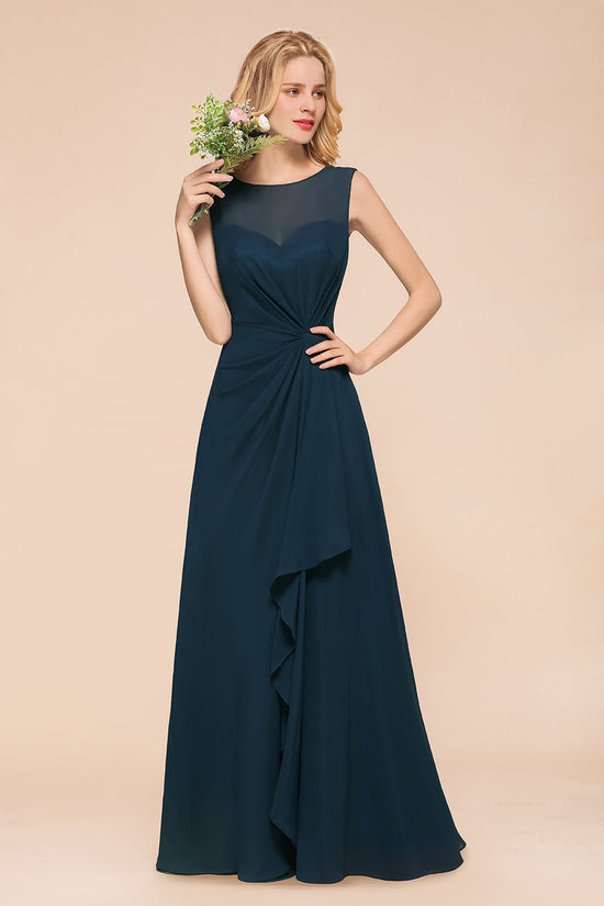 Chic Long A-line Bateau Chiffon Bridesmaid Dresses With Ruched-BIZTUNNEL